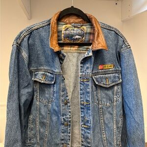 Blue Denim Jacket with Brown Leather Accents